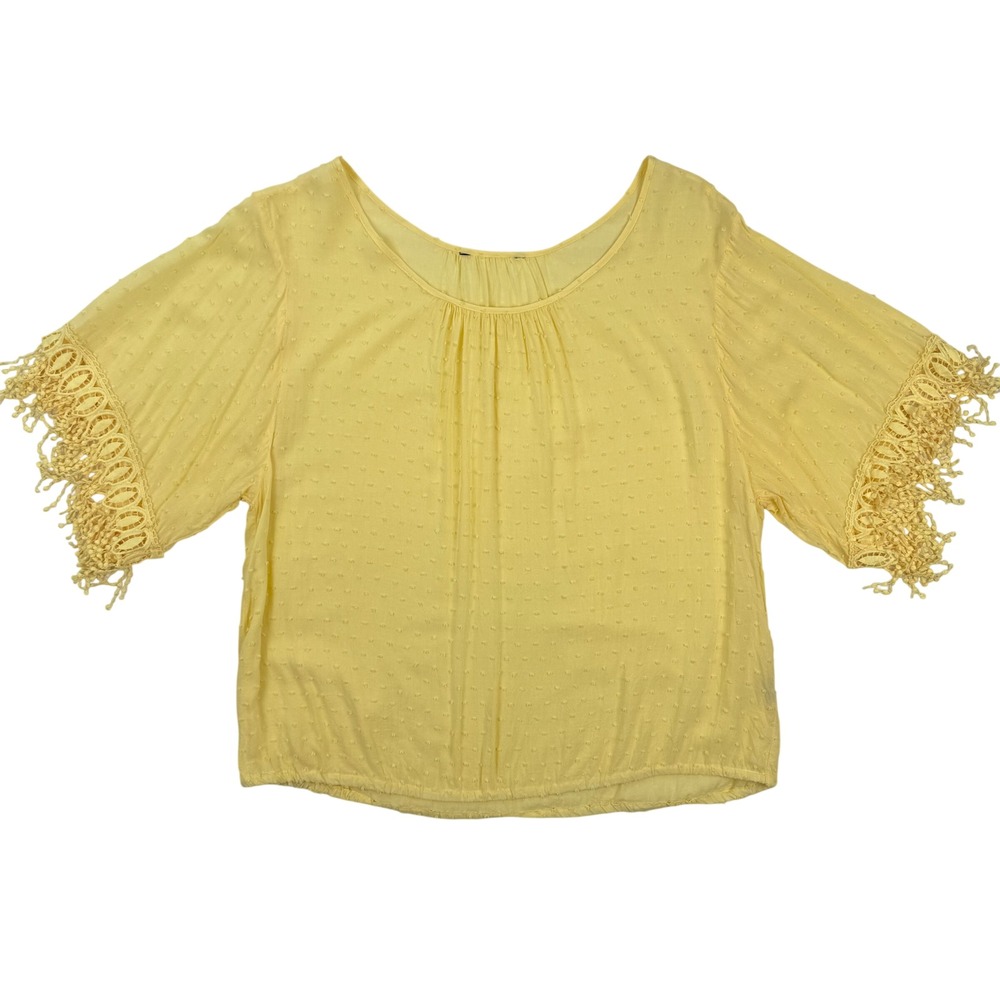 Yellow Swiss Dot Crochet Lace Tassel Sleeve Blouson Blouse Top Large (PTP 21")